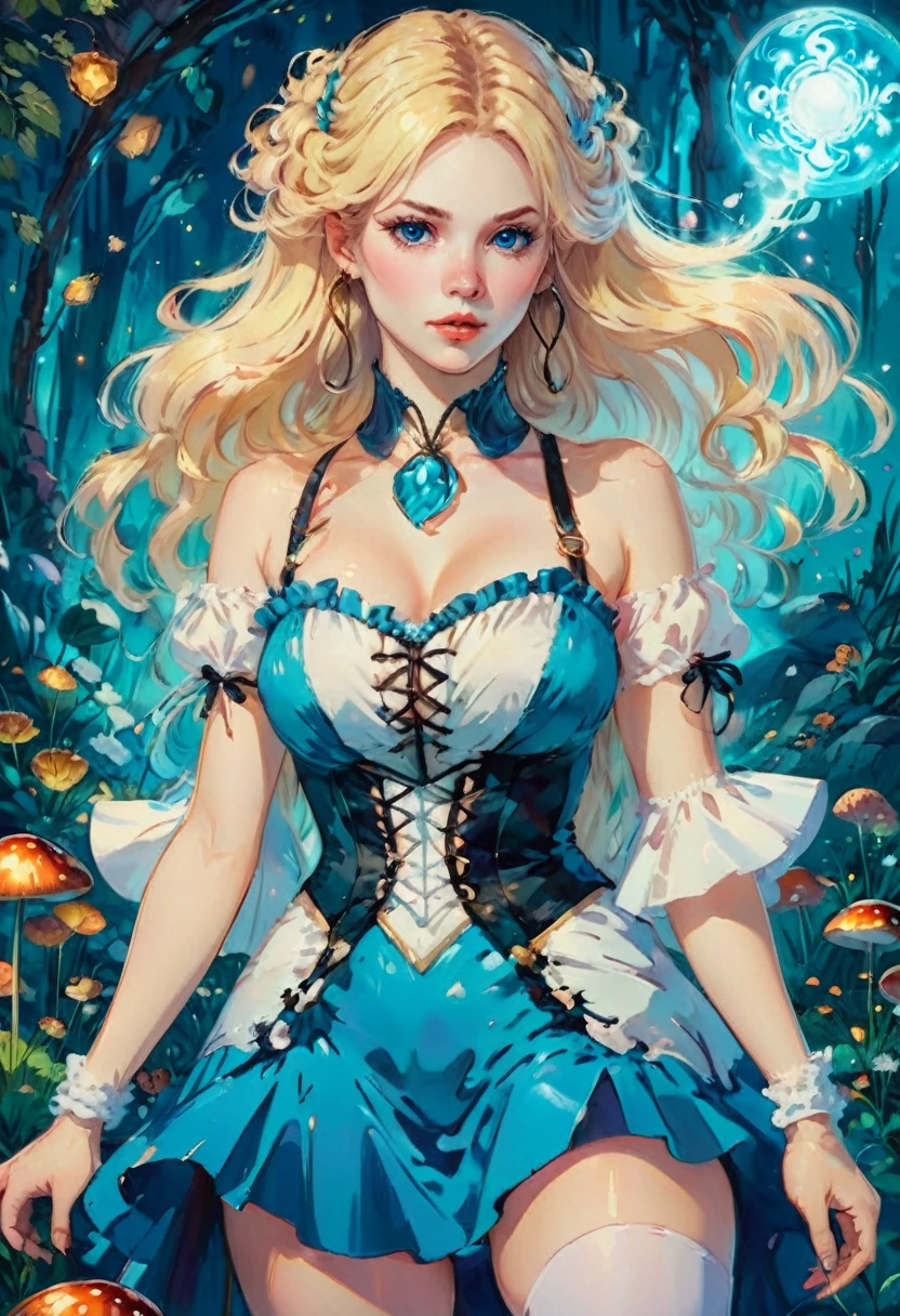 a beautiful 20 year old blonde woman with big messy hair in a blue dress, white stockings, black headband, cleavage, holding a glowing mushroom, fantasy art style, rossdraws cartoon vibrant, alice x. zhang, alice in wonderland cyberpunk, cute detailed digital art, colorfull digital fantasy art, digital fantasy art ), glossy digital painting, rossdraws pastel vibrant, rossdraws 2. 5, rossdraws 1. 0