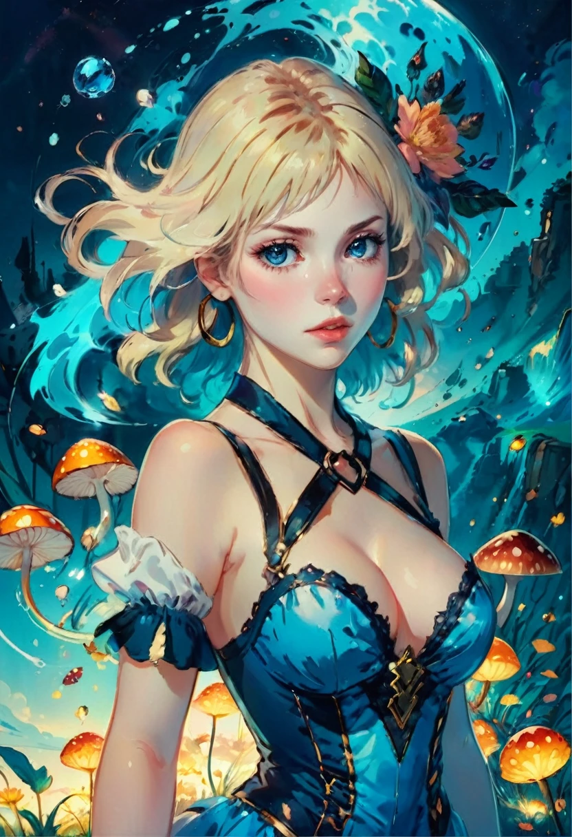 a beautiful 20 year old blonde woman with big messy hair in a blue dress, white stockings, black headband, cleavage, holding a glowing mushroom, fantasy art style, rossdraws cartoon vibrant, alice x. zhang, alice in wonderland cyberpunk, cute detailed digital art, colorfull digital fantasy art, digital fantasy art ), glossy digital painting, rossdraws pastel vibrant, rossdraws 2. 5, rossdraws 1. 0