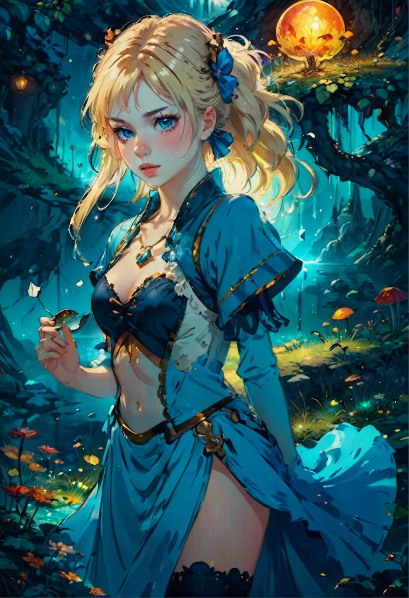 a beautiful 20 year old blonde woman with big messy hair in a blue dress, white stockings, black headband, cleavage, holding a glowing mushroom, fantasy art style, rossdraws cartoon vibrant, alice x. zhang, alice in wonderland cyberpunk, cute detailed digital art, colorfull digital fantasy art, digital fantasy art ), glossy digital painting, rossdraws pastel vibrant, rossdraws 2. 5, rossdraws 1. 0