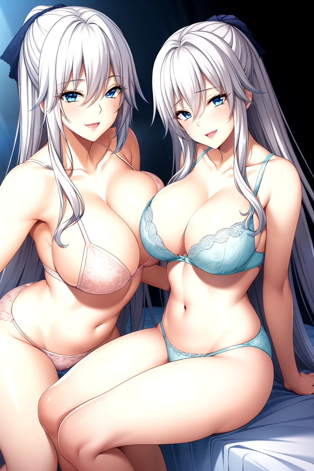 Mother and Daughter，Light滑的皮肤, light blue bra, light blue lace, light blue underwear,Full body pictures, White hair,blue Eye,Long hair, 1 girl, 25 years old,Young women,beautiful Finger,beautiful long legs,beautiful body,beautiful Nose,beautiful character design, perfect Eye, perfect Face,expressive Eye,Perfect balance, Looking at the audience,(Focus on her Face),Residence, (Innocent_Big goals_Eye:1.0),Light_Smile, Official Art,Very detailed CG unity 8k wallpaper, Perfect lighting,rich and colorful, bright_front_Face_Lighting,Light skin, (masterpiece:1.0),(the best_quality:1.0), Ultra-high resolution,4K,Very detailed, photography, 8K, Human Development Report, high resolution, absurdist:1.2, Kodak Portrait 400, Film Grain, Blurred background, Bokeh:1.2, Lens Light Halo, (Energetic_color:1.2),专业photography师, (beautiful,Chest:1.3 (beautiful_Face:1.5),(narrow_waist),Smile, Happy, light blue bra，Slim