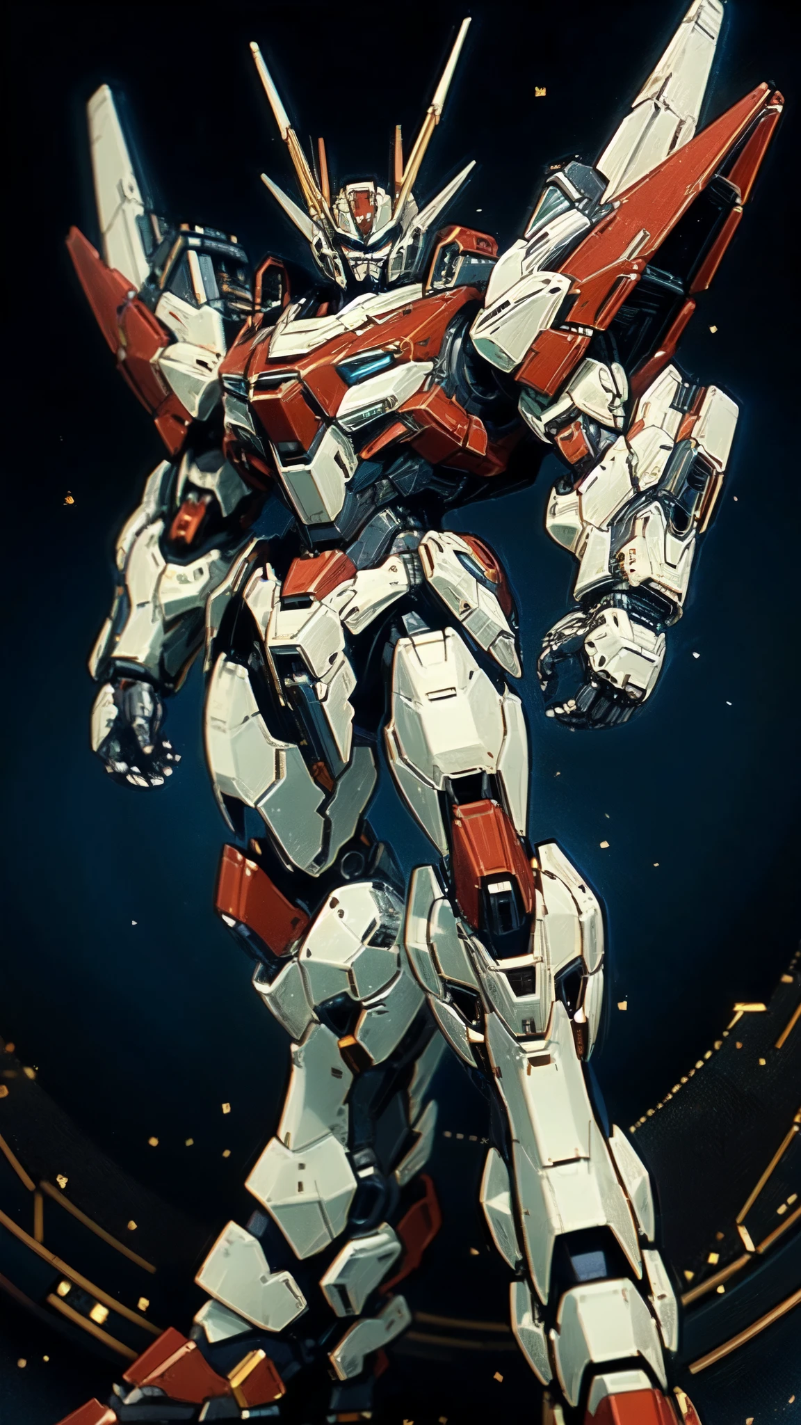 (masterpiece:1.5, best quality:1.5, extremely delicate:1.5, foreshortening:1.5, dynamic angle:1.5), humanoid Mecha, fully enclosed shoulder guards, matching arm and leg guards, full body, full armor, the design balances heavy with agility, (the color scheme is primarily white with red and blue accents, the concept Inspired by Super robot, organic biotech armor, standing, floating high above the futuristic sci-fi city), exquisite and mature art style, (aura effect, energy, glowing eyes, the armor glows), ((SRS)), metallic, dramatic, high definition, highres, ultra-detailed, ultra-fine painting, professional, perfect body proportions, anatomically correct, symmetrical face, extremely detailed eyes and face, high quality eyes, creativity, RAW photo, UHD, 32k, Natural light, cinematic lighting, masterpiece-anatomy-perfect