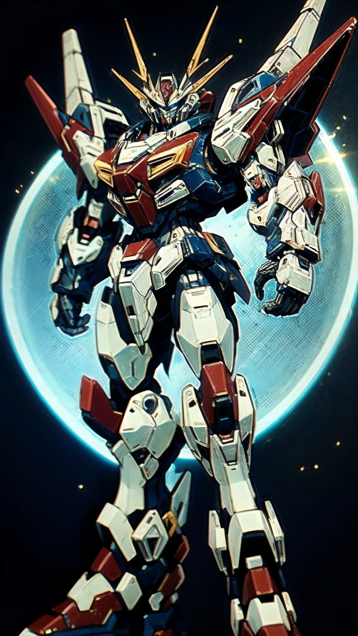 (masterpiece:1.5, best quality:1.5, extremely delicate:1.5, foreshortening:1.5, dynamic angle:1.5), humanoid Mecha, fully enclosed shoulder guards, matching arm and leg guards, full body, full armor, the design balances heavy with agility, (the color scheme is primarily white with red and blue accents, the concept Inspired by Super robot, organic biotech armor, standing, floating high above the futuristic sci-fi city), exquisite and mature art style, (aura effect, energy, glowing eyes, the armor glows), ((SRS)), metallic, dramatic, high definition, highres, ultra-detailed, ultra-fine painting, professional, perfect body proportions, anatomically correct, symmetrical face, extremely detailed eyes and face, high quality eyes, creativity, RAW photo, UHD, 32k, Natural light, cinematic lighting, masterpiece-anatomy-perfect