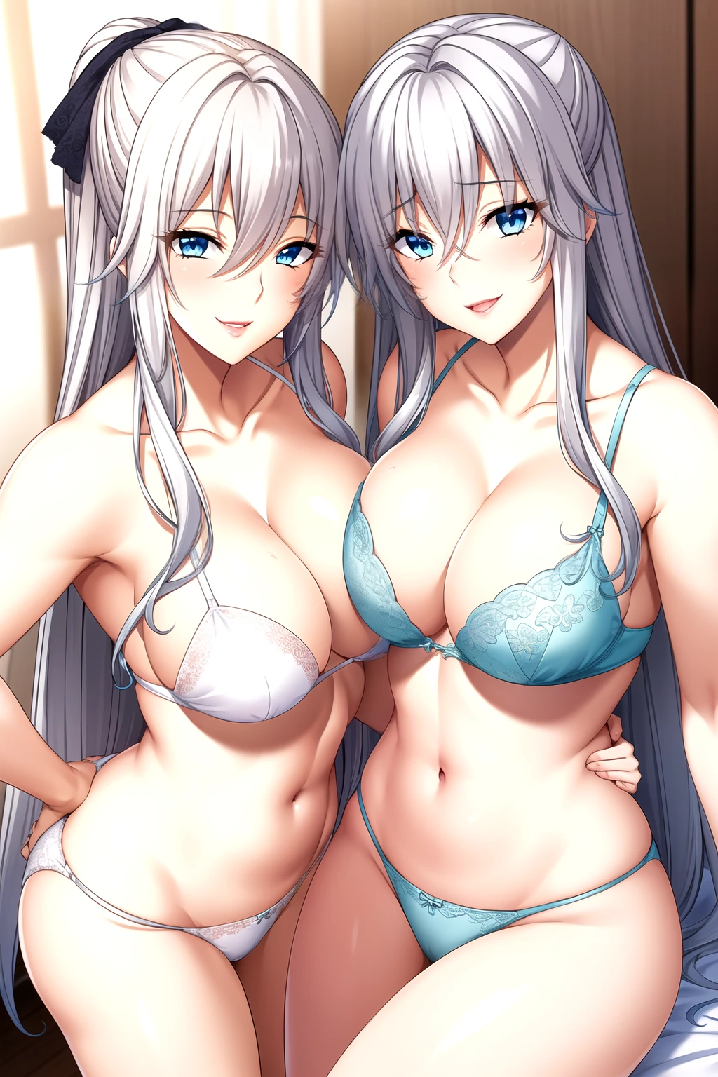 Mother and Daughter，Light滑的皮肤, light blue bra, light blue lace, light blue underwear,Full body pictures, White hair,blue Eye,Long hair, 1 girl, 25 years old,Young women,beautiful Finger,beautiful long legs,beautiful body,beautiful Nose,beautiful character design, perfect Eye, perfect Face,expressive Eye,Perfect balance, Looking at the audience,(Focus on her Face),Residence, (Innocent_Big goals_Eye:1.0),Light_Smile, Official Art,Very detailed CG unity 8k wallpaper, Perfect lighting,rich and colorful, bright_front_Face_Lighting,Light skin, (masterpiece:1.0),(the best_quality:1.0), Ultra-high resolution,4K,Very detailed, photography, 8K, Human Development Report, high resolution, absurdist:1.2, Kodak Portrait 400, Film Grain, Blurred background, Bokeh:1.2, Lens Light Halo, (Energetic_color:1.2),专业photography师, (beautiful,Chest:1.3 (beautiful_Face:1.5),(narrow_waist),Smile, Happy, light blue bra，Slim