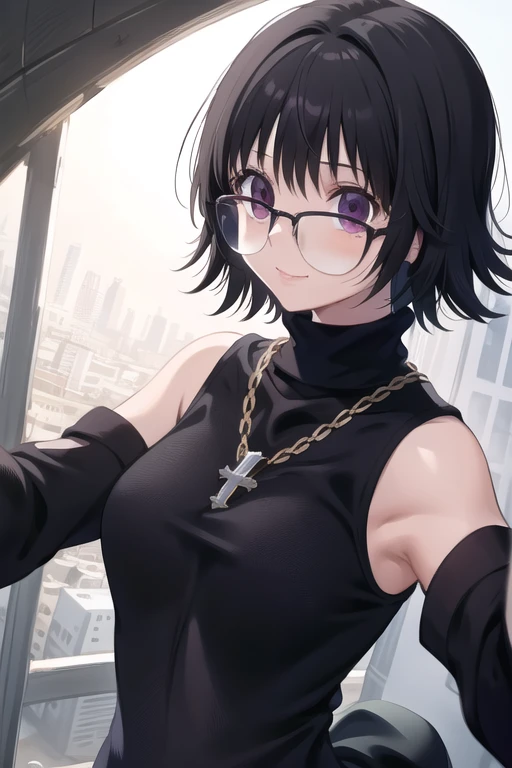 1girl, (masterpiece:1.3), (high resolution), (8K), (extremely detailed), (4k), (pixiv), perfect face, nice eyes and face, (best quality), (super detailed), detailed face and eyes, (solo), textured skin, absurdres, highres, shizukuwz, glasses, pants, jeans, black hair, short hair, cross necklace, sleeveless, turtleneck, black sweater, purple eyes, inverted cross, pov, selfie, smile, nature, city, sunlight,