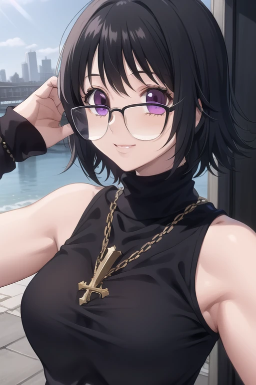 1girl, (masterpiece:1.3), (high resolution), (8K), (extremely detailed), (4k), (pixiv), perfect face, nice eyes and face, (best quality), (super detailed), detailed face and eyes, (solo), textured skin, absurdres, highres, shizukuwz, glasses, pants, jeans, black hair, short hair, cross necklace, sleeveless, turtleneck, black sweater, purple eyes, inverted cross, pov, selfie, smile, nature, city, sunlight,