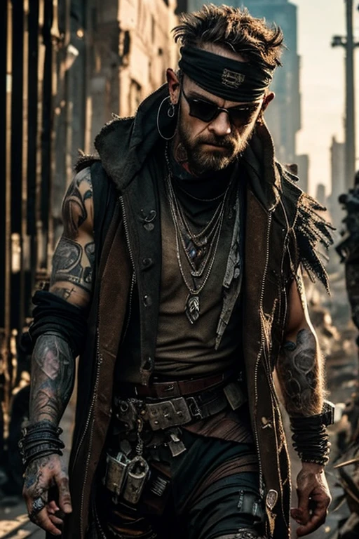 Cyberpunk, Scavenger, man, dressed in rags, tattoos, slaver, bandit, scar over one eye, dangerous, armor