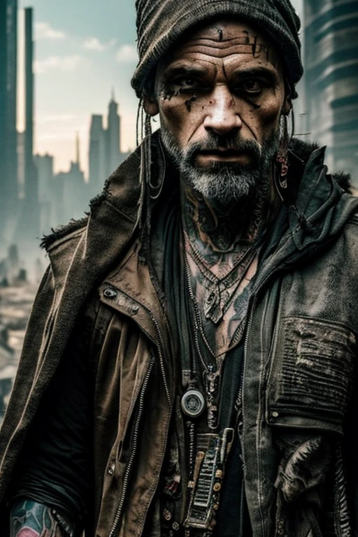 Cyberpunk, Scavenger, man, dressed in rags, tattoos, slaver, bandit, scar over one eye, dangerous, armor