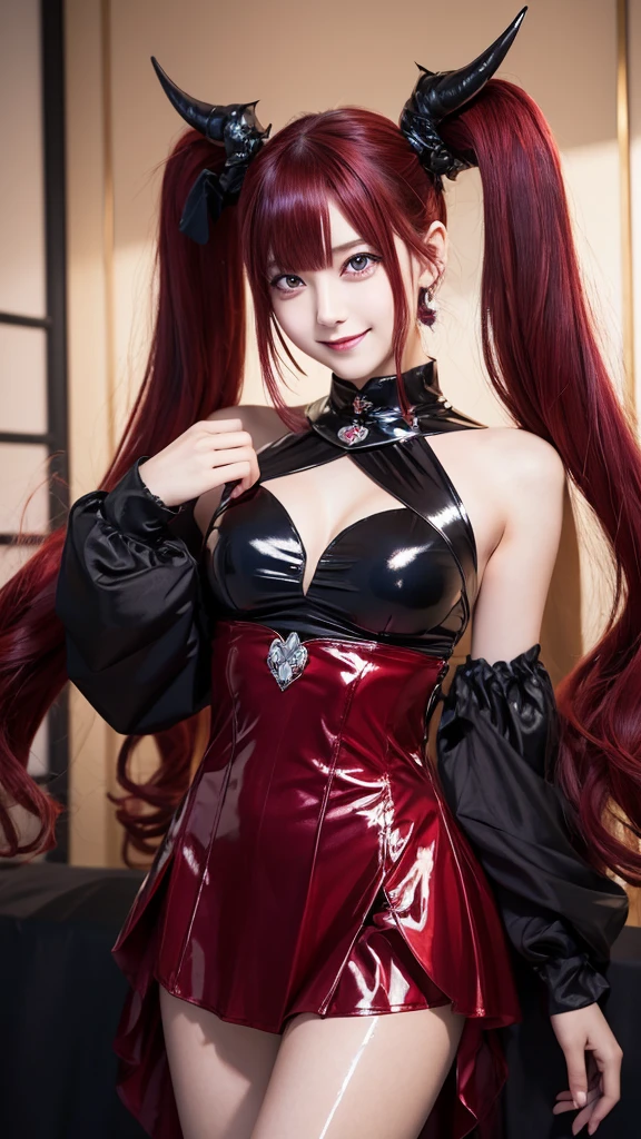 Highest quality, Very detailed,One Girl, alone, {cure_null_hirogarunullprecure:1.15}, Dark blue hair, Red eyes, Crimson flames in your eyes, Long Hair, Twin tails, Magical girl, bangs, Open your mouth, Redhead, multicoloRedhead, One Girl, blunt bangs, Darken your clothes, hair ornaments, Wicked Smile, devilish aura (Shiny fabric:1.5), Full Body Shot, Purple Gemstone, attractive, blush, (Beautiful attention to detail:1.6), Very detailed顔, Perfect lighting, Extremely detailed CG, (Perfect hands, Perfect Anatomy), devil, Red and black color scheme, Shiny material, Grin, blackリボン, blackのサテン手袋, Evil clover leaf ornament, blackのフリル, jewelry, corruption, Latex Gloss, blackのゴシックマント, Wicked Smile, 背景を暗blackの世界, Red Moon, cloudy null, CG Style, One-sided black wing,Dark shadowed face,Sadistic smile,Malice,Contempt,smile,black