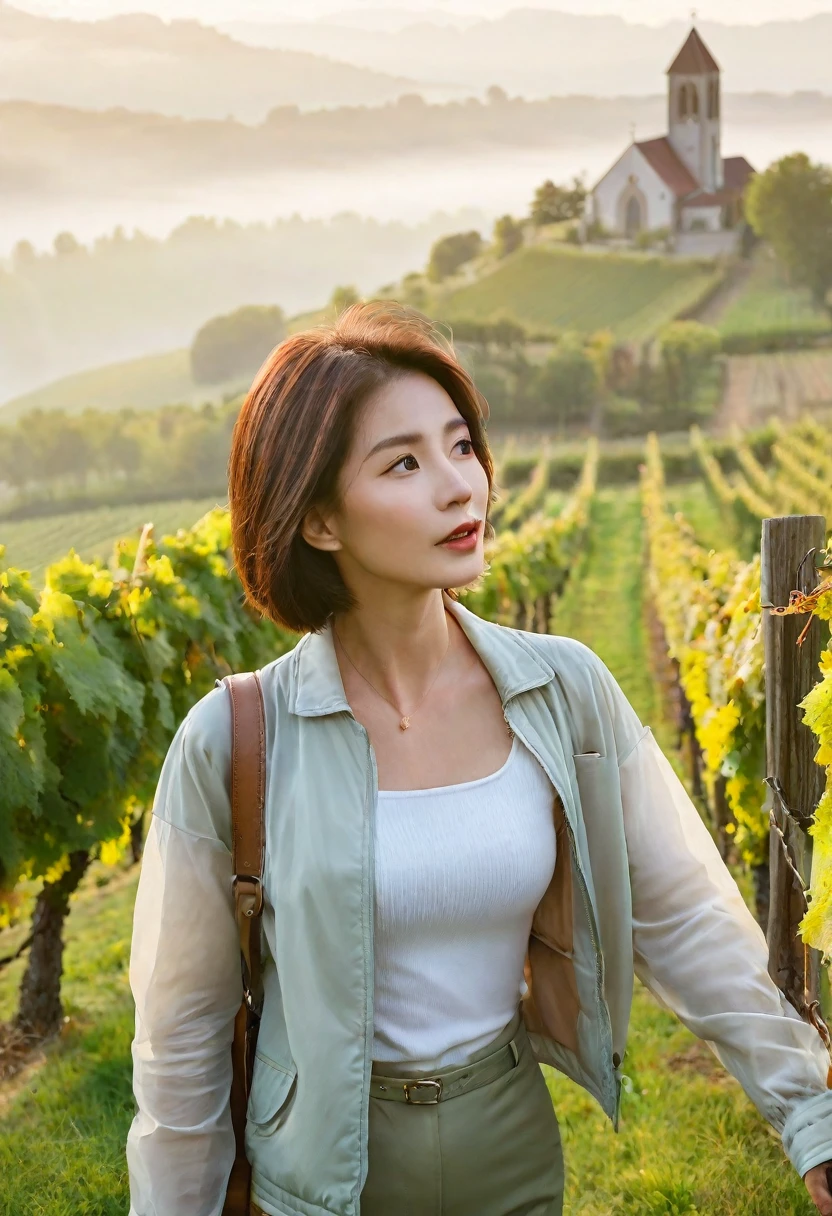 Woman in a beautiful landscape 8K highest quality, Beautiful 36-year-old Korean woman, Chest size 34 inches, Passing through the vineyards in the Swiss countryside, the cathedral is visible through the early morning fog., The back background is realistic and vivid image quality, short medium hair, Casual and British - (summer jacket) ,Perfect and realistic photos, The background is realistic. Full body shot with Canon camera 16-35 wide angle lens, expressionless, Walking up a vineyard hill covered in thick fog., Looking at the front camera