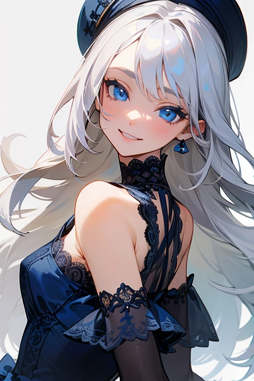 (masterpiece: 1.2, Highest quality), (Actual Photos, Intricate details), 1. woman, alone, Upper Body, casual, Shoulder-length hair, Minimal makeup, Natural materials, Face close-up, smile, Home, Long white hair、blue eyes, Shoulder Bare、Smiling with teeth showing、((Navy blue lace dress))、((blue eyes))、Keep the image of your face、((Butt-bang))