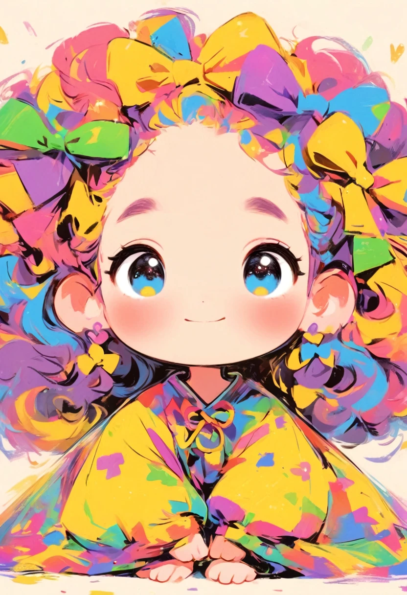 一位有着卷发和color毛衣的女孩的画, Colorful! Character Conception, cute的, Bright colors，cute, cute的艺术风格, cute的 illustrations, cute卡通, cute的角色, Short full body portrait!, Shenzhen colorfull illustration, Colorful illustration, There are many colors, Beautifully detailed digital art, color, cute的 cartoon characters, cute的 kawaii girl, Beautifully detailed artwork