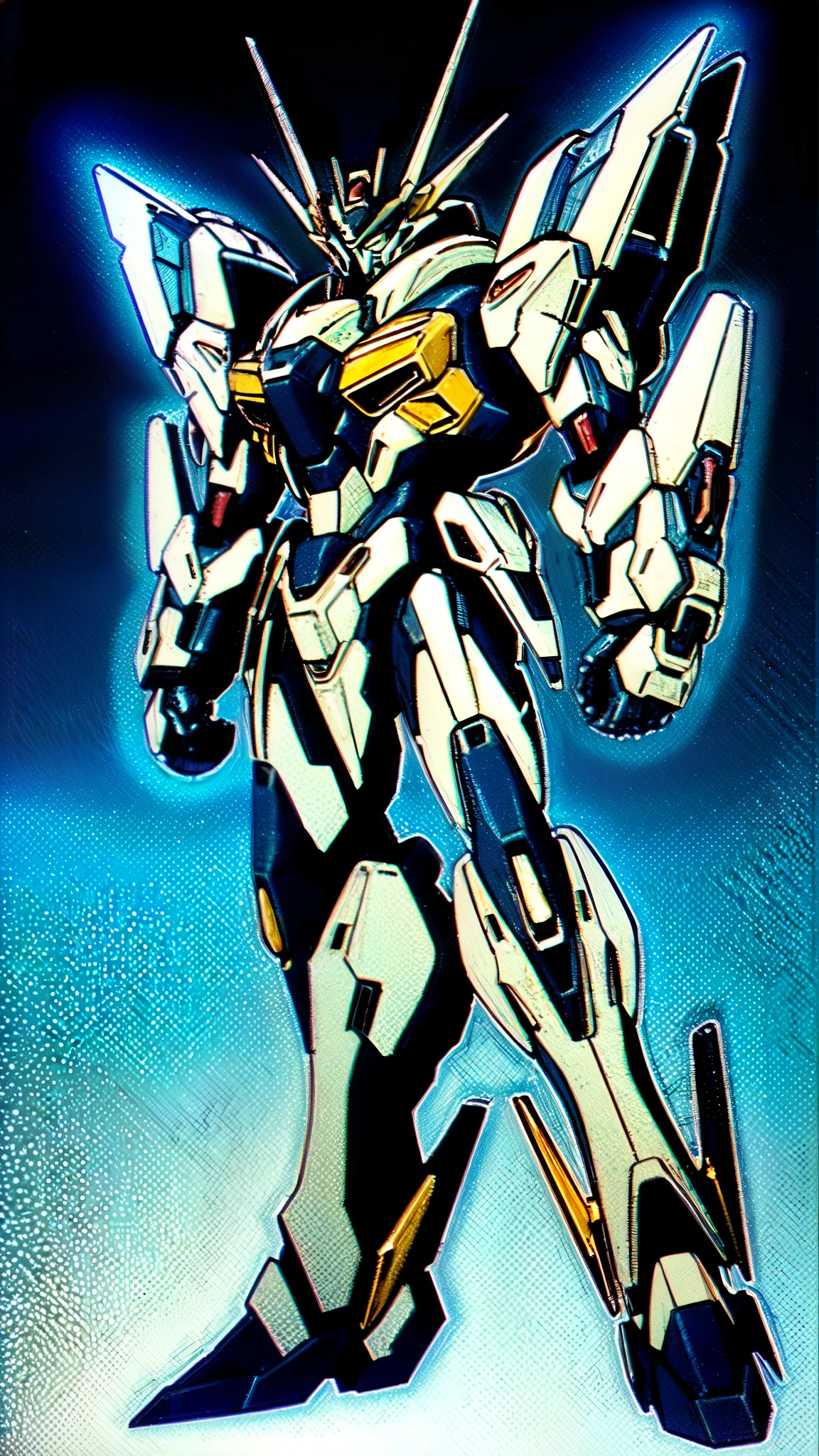 (masterpiece:1.5, best quality:1.5, extremely delicate:1.5, foreshortening:1.5, dynamic angle:1.5), humanoid Mecha, fully enclosed shoulder guards, matching arm and leg guards, full body, full armor, the design balances heavy with agility, (the color scheme is primarily white with red and blue accents, the concept Inspired by Super robot, organic biotech armor, standing, floating high above the futuristic sci-fi city), exquisite and mature art style, (aura effect, energy, glowing eyes, the armor glows), ((SRS)), metallic, dramatic, high definition, highres, ultra-detailed, ultra-fine painting, professional, perfect body proportions, anatomically correct, symmetrical face, extremely detailed eyes and face, high quality eyes, creativity, RAW photo, UHD, 32k, Natural light, cinematic lighting, masterpiece-anatomy-perfect