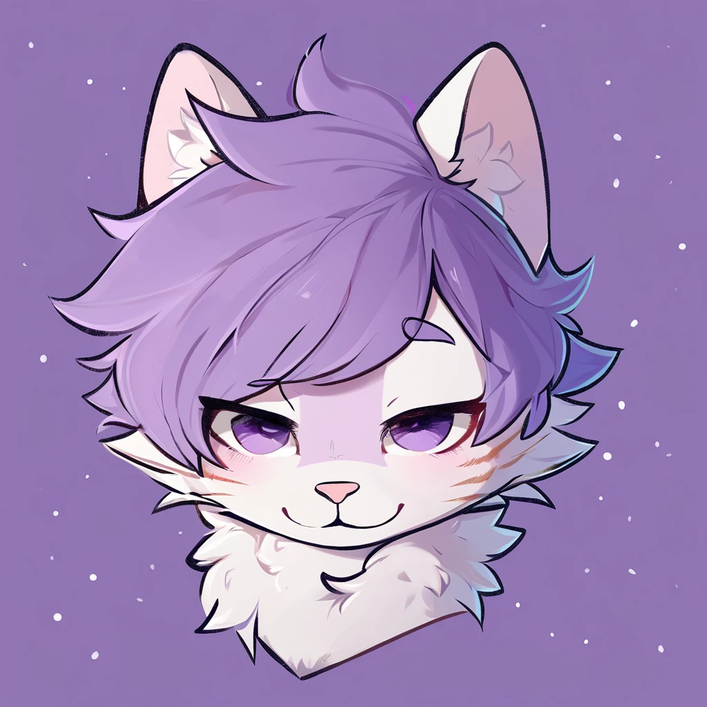 adult, feline, mammal, anthro, anthropomorphic, cat, striped, fur, striped_feline, fur, male, light_purple, purple_hair, fluffy, white, white_chest, shy, small_pupils, digital_art, high_resolution, high_res, hand-drawn, pencil_lines, head_visible, background, neck_visible, seductive_face, detailed_line_work, profile_picture, head_visible, neptune_background, purple_background, cute, white, posing, finger_paws, dream_pose, headshot, head_only, small_pupils, seducted_face, tufts, paws, chest