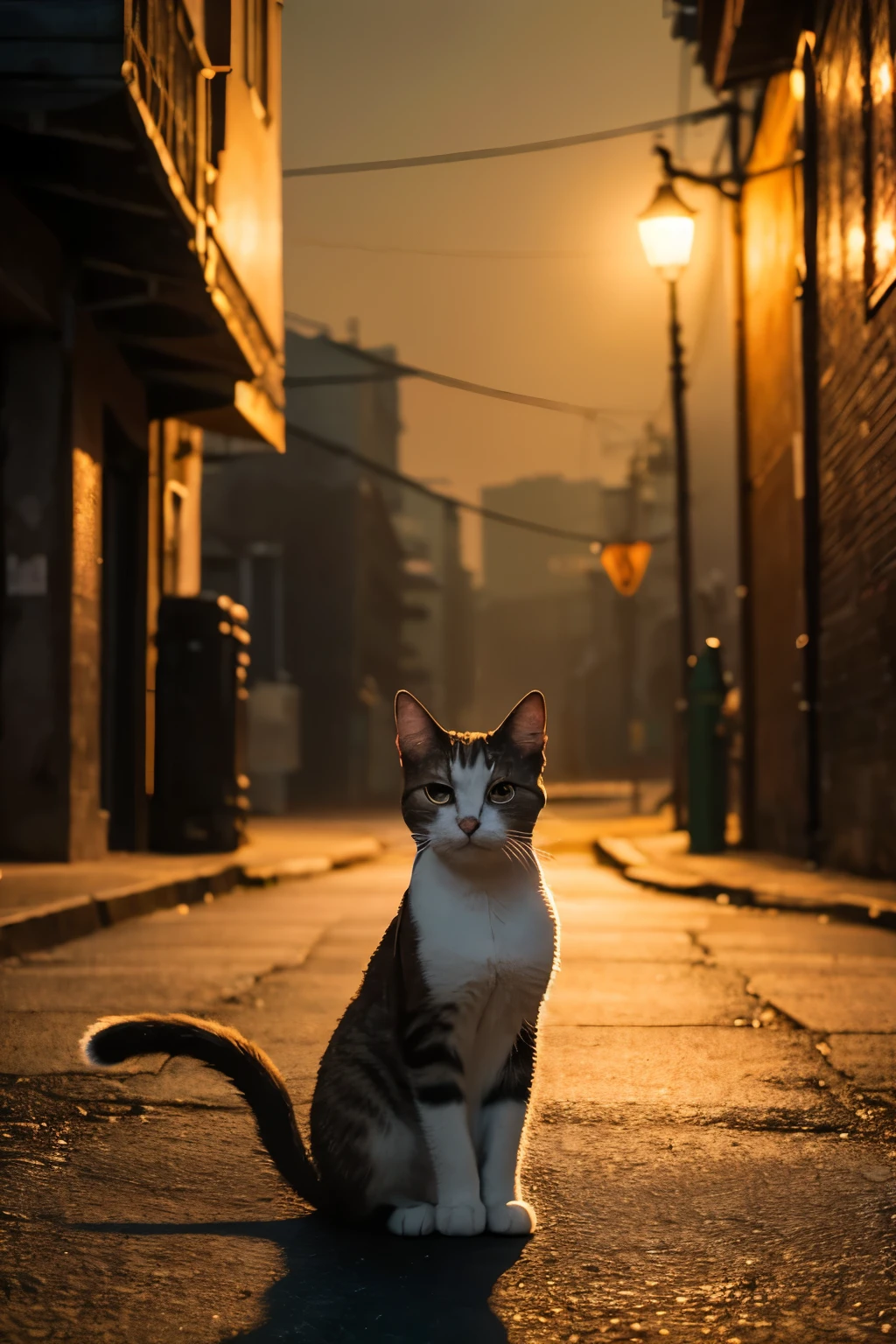 Create a realistic, photo-like image of a strong, resilient stray cat. The cat should appear content and dignified, despite its rough life. Capture the essence of the song, showing the cat in a moonlit urban environment, with a hint of melancholy and determination in its eyes. The scene should include elements like a full moon and city streets to reflect the lyrics. Use dramatic lighting and shadows to enhance the mood, and ensure the image is highly detailed and photorealistic, with a rich and deep color palette that emphasizes the cat’s strength and the night’s tranquility.