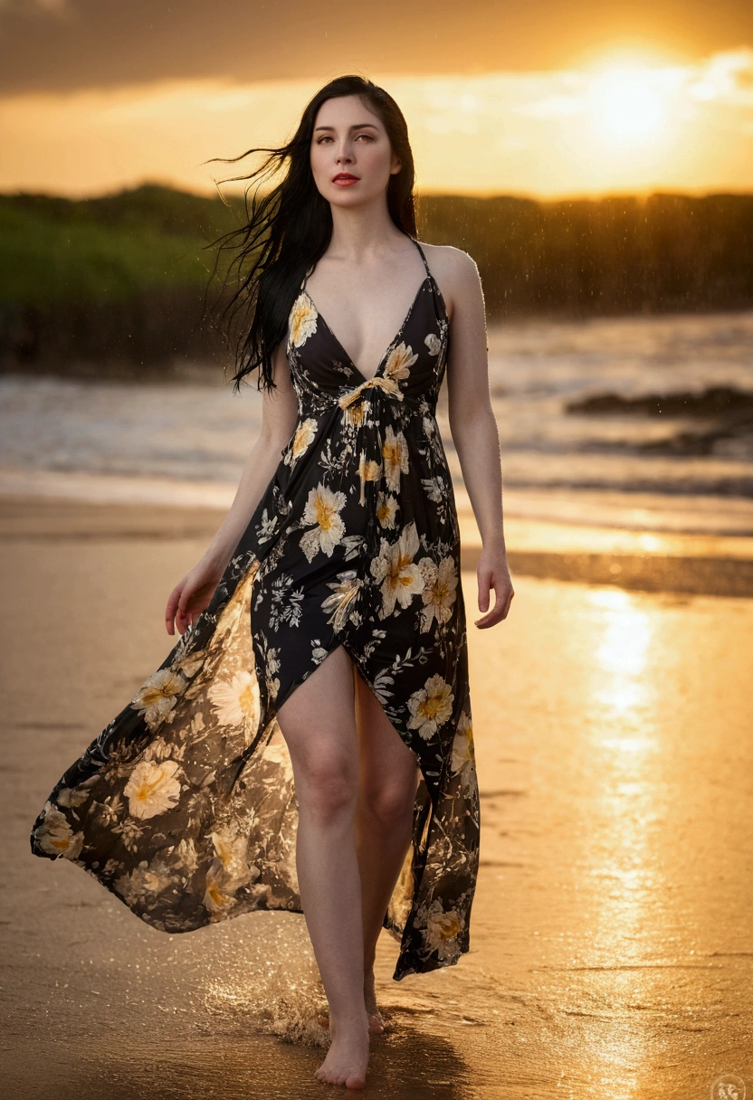A full body shot of a sensual gorgeous pale skinned lady with beautiful flawless skin, ((no blemishes)) and long black hair. She is wearing a ultra short summer dress, floral. ((form fitting)), open gown design. She is standing wet in the rain on a beach lit by the golden light of the morning sun::5 well-lit, sharp-focus, high-quality, artistic, unique, award-winning photograph, Canon EOS 5D Mark IV DSLR, f/8. ISO 100, 1/250 second, natural light, professional