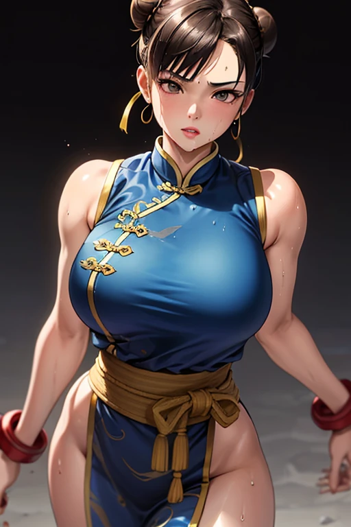 masterpiece,Highest quality, Unreal Engine, Super Resolution, Very detailed,
1 Girl, Waist, thin, (Muscular:0.8)
Round Breasts, Big Breasts, bold, Lips parted, Observe the audience,
Are standing, sexy pose
Waist shot,
Simple background anime style, Key Visual,
Hair Bun, Blue Chinese clothing, Chunli, Street Fighter,Sticky with sweat,Clothes are also wet,