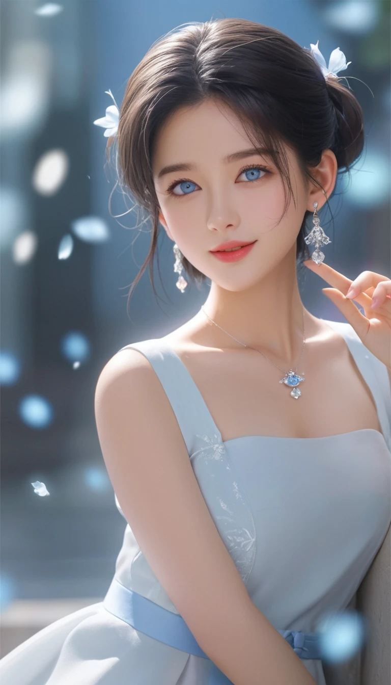 1 Girl,beautiful girl,Shot from waist to head、,Fine particles, Complete functions, (masterpiece), (best quality), (high quality), Intricate details, earrings, Ray Tracing, (transparent), (Bokeh), (Writing border depth), Perfect skin, Happy, (Medium Length Hair), ((Black Hair)), (((Light blue eyes:1.8))),