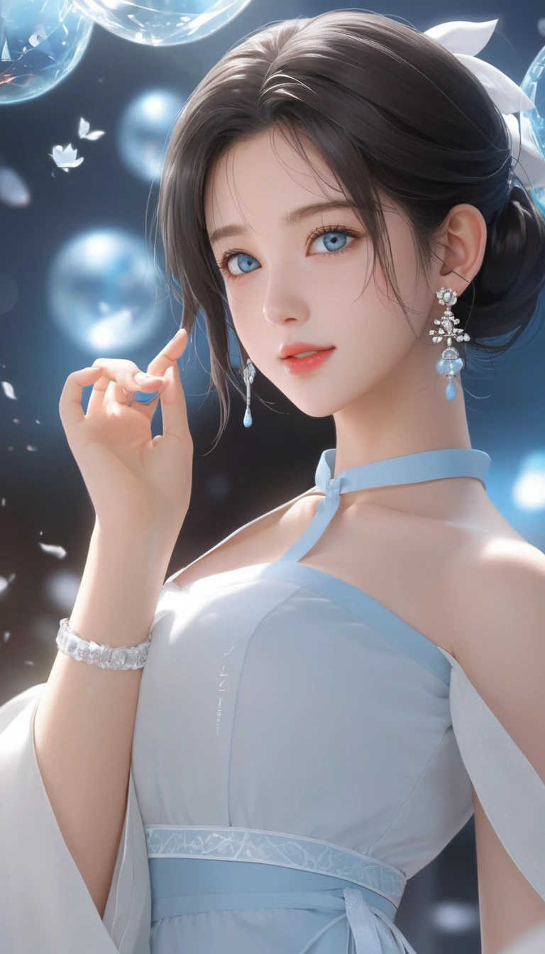 1 Girl,beautiful girl,Shot from waist to head、,Fine particles, Complete functions, (masterpiece), (best quality), (high quality), Intricate details, earrings, Ray Tracing, (transparent), (Bokeh), (Writing border depth), Perfect skin, Happy, (Medium Length Hair), ((Black Hair)), (((Light blue eyes:1.8))),