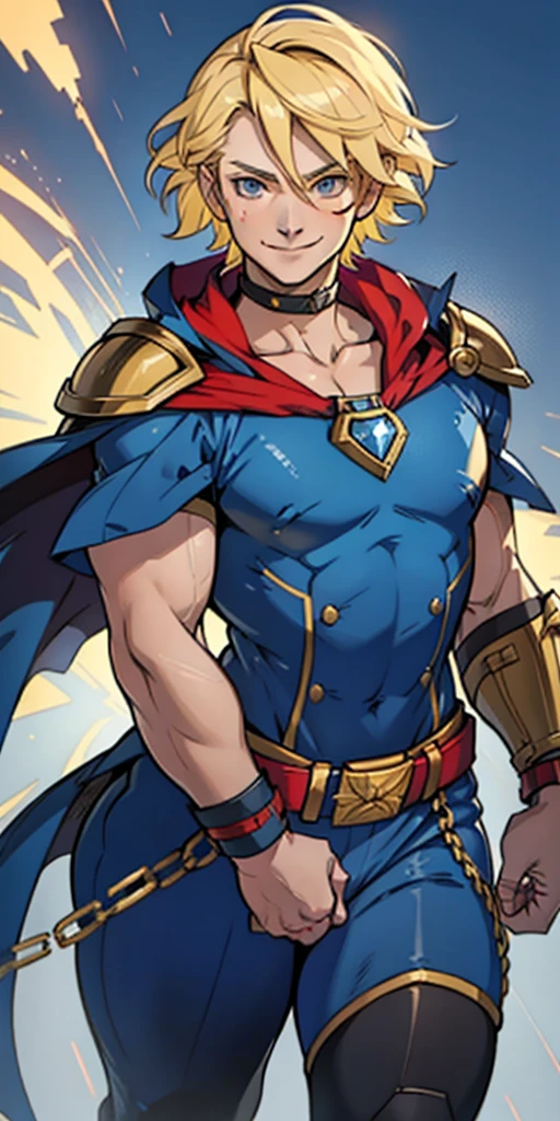 Young female, blonde with short hair, with big, bright blue eyes, wearing Tight a blue costume, defined chest, With a neckline, wearing a golden shoulder pad in the shape of an eagle, with a golden chain running across his chest holding a red cape Smiling with blood splash on face and clothes