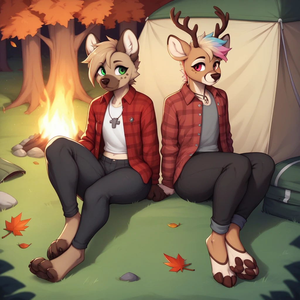 score_9, score_8_up, score_7_up, score_6_up, score_5_up, score_4_up, BREAK (sfw), One anthro, furry, hyena, deer antlers, dark hyena spots, white fawn spots, light brown fur, hyena face, hyena paws, paw feet, cute paw feet, one red eye one green eye, different color eyes, heterochromia, bright red hair, neon hair, dyed hair, mullet hairstyle, twink, femboy, femboy jock, thin body, slim body, thick thighs, big round ass, full body, pastel color scheme, autumn color scheme, camping, camping fire, autumn, fallen leaves, camping tent sitting next to a camp fire, red flannel jacket, over grey cropped shirt, with chocker necklace, black pants, many pockets