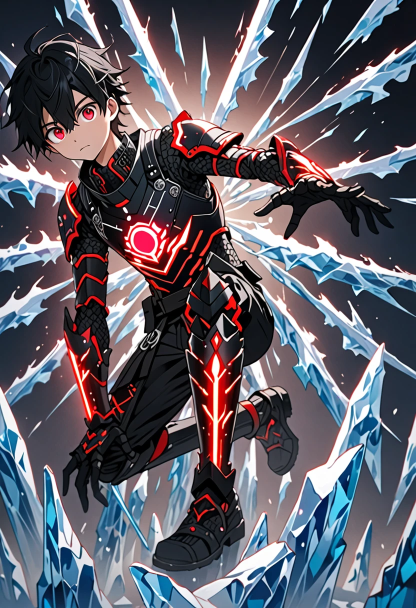 1boy, masterpiece, best quality, very aesthetic, absurdres,newest, anime style, sung jin-woo, solo leveling, black hair, HairDetailer, (ice neon black tech samurai armor:1.3)), (White kirito jacket:1.3), (glows deep ruby red eyes:1.2), (gradient eyes:1.2), (symmetrical eyes:1.2), big highlight on eyes:1.3), BeautifulEye, dynamic angle, thunder clap pose, GoodHands, intricate, surreal, intricate, Add Detail, 