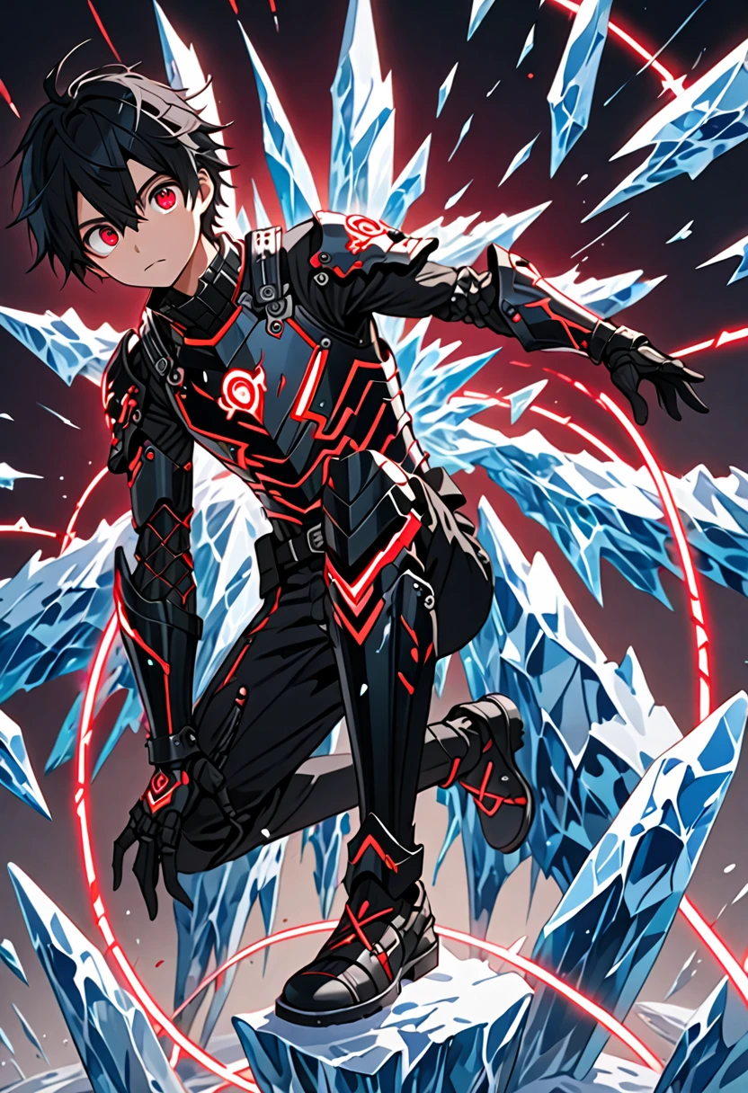 1boy, masterpiece, best quality, very aesthetic, absurdres,newest, anime style, sung jin-woo, solo leveling, black hair, HairDetailer, (ice neon black tech samurai armor:1.3)), (White kirito jacket:1.3), (glows deep ruby red eyes:1.2), (gradient eyes:1.2), (symmetrical eyes:1.2), big highlight on eyes:1.3), BeautifulEye, dynamic angle, thunder clap pose, GoodHands, intricate, surreal, intricate, Add Detail, 