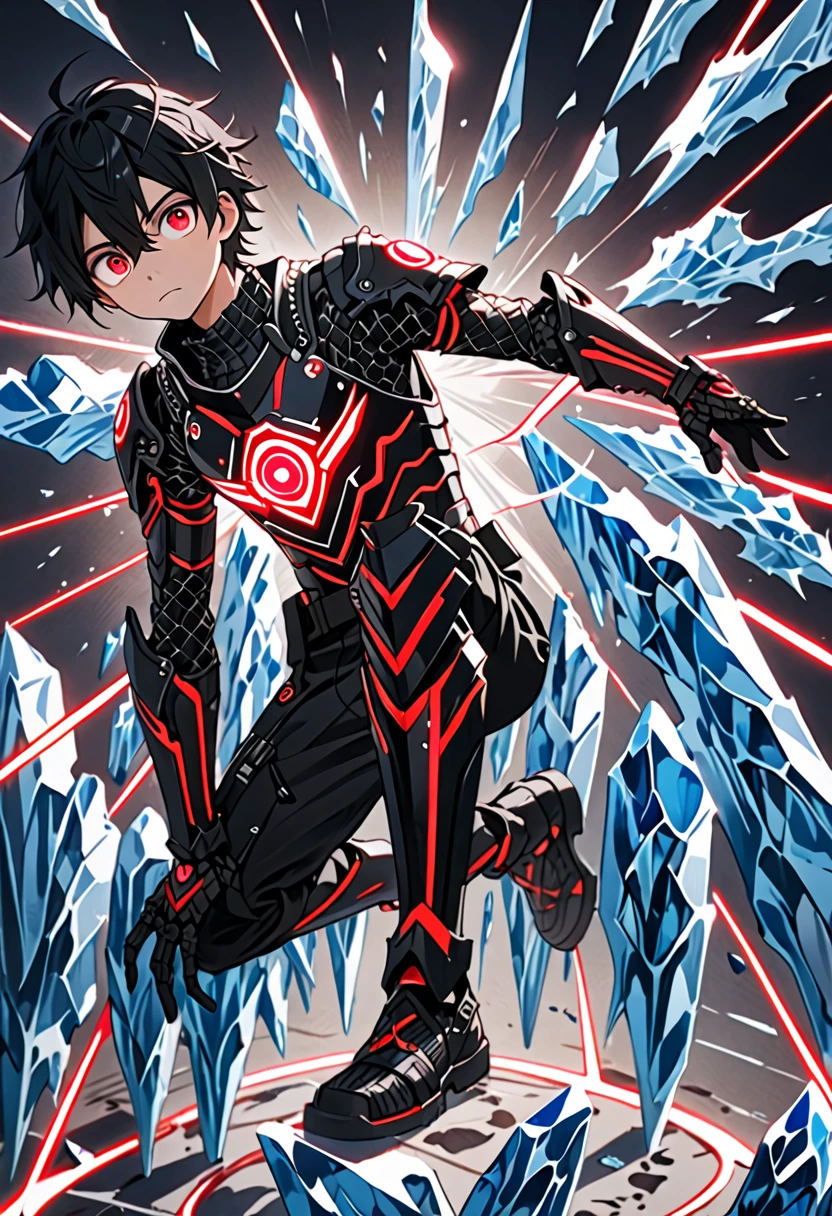 1boy, masterpiece, best quality, very aesthetic, absurdres,newest, anime style, sung jin-woo, solo leveling, black hair, HairDetailer, (ice neon black tech samurai armor:1.3)), (White kirito jacket:1.3), (glows deep ruby red eyes:1.2), (gradient eyes:1.2), (symmetrical eyes:1.2), big highlight on eyes:1.3), BeautifulEye, dynamic angle, thunder clap pose, GoodHands, intricate, surreal, intricate, Add Detail,