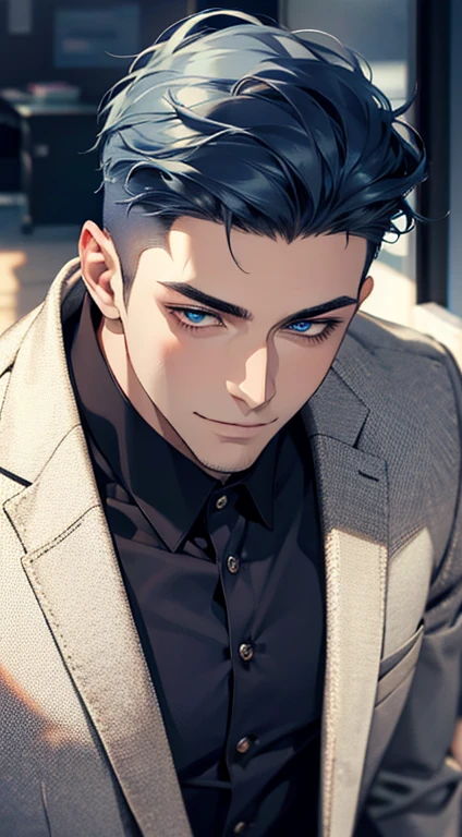 (best quality,4k,8k,highres,masterpiece:1.2),ultra-detailed,(realistic,photorealistic,photo-realistic:1.37),1 man,31 years old,mature man,very handsome,without expression,smile,short blue hair,blue eyes,penetrating gaze,perfect face without errors,imposing posture,businessman,office background,cinematic lighting,hdr image