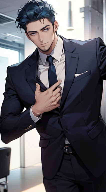 (best quality,4k,8k,highres,masterpiece:1.2),ultra-detailed,(realistic,photorealistic,photo-realistic:1.37),1 man,31 years old,mature man,very handsome,without expression,smile,short blue hair,blue eyes,penetrating gaze,perfect face without errors,imposing posture,businessman,office background,cinematic lighting,hdr image