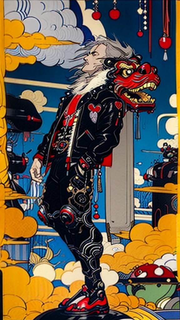 lion dance whole body cyber punk Ukiyo-e Leather jacket Gray Hair male Fantasy Pause