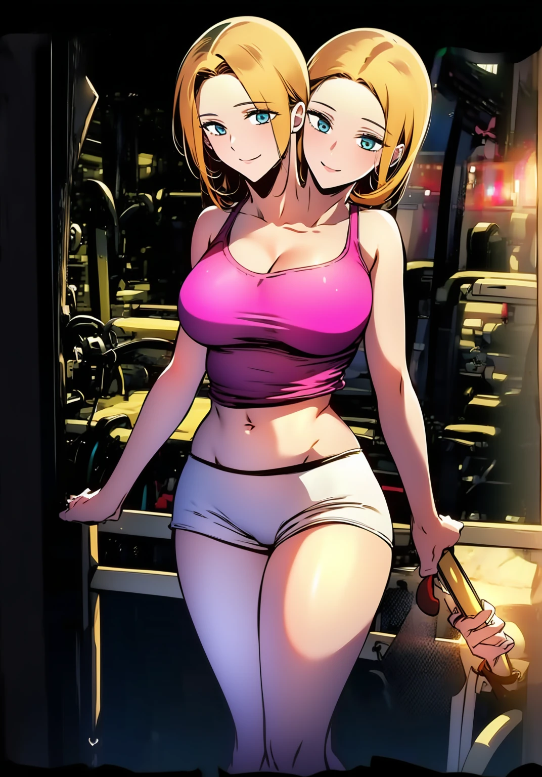 best quality, (masterpiece),(ultra-detailed), (high quality), (high resolution), ((2heads:1.5)), best quality:1.5, highres, UHD, 16K), two headed woman, smiling, highres, masterpiece, black tank top, pink hot pants, gym, blue eyes