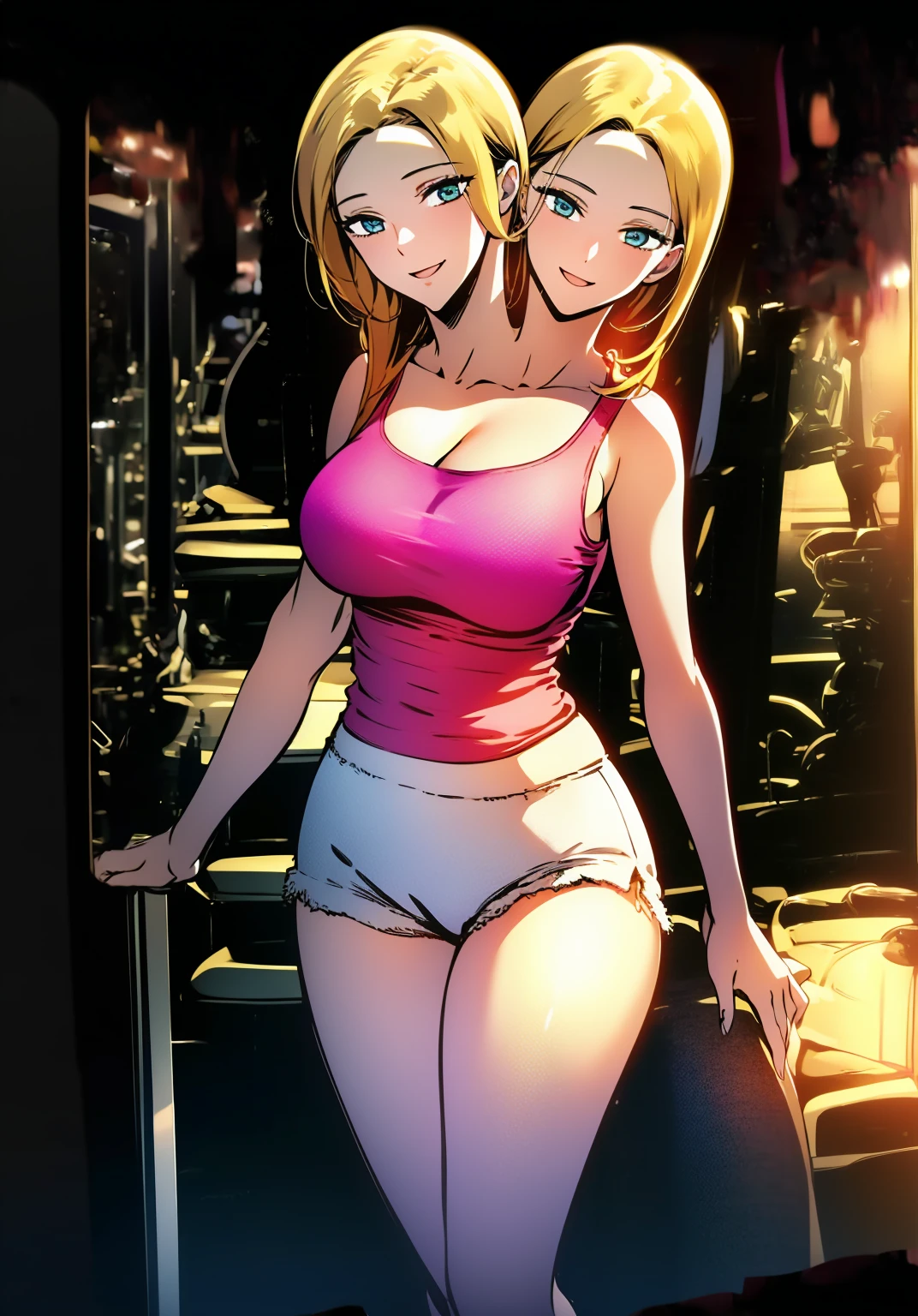 best quality, (masterpiece),(ultra-detailed), (high quality), (high resolution), ((2heads:1.5)), best quality:1.5, highres, UHD, 16K), two headed woman, smiling, highres, masterpiece, black tank top, pink hot pants, gym, blue eyes