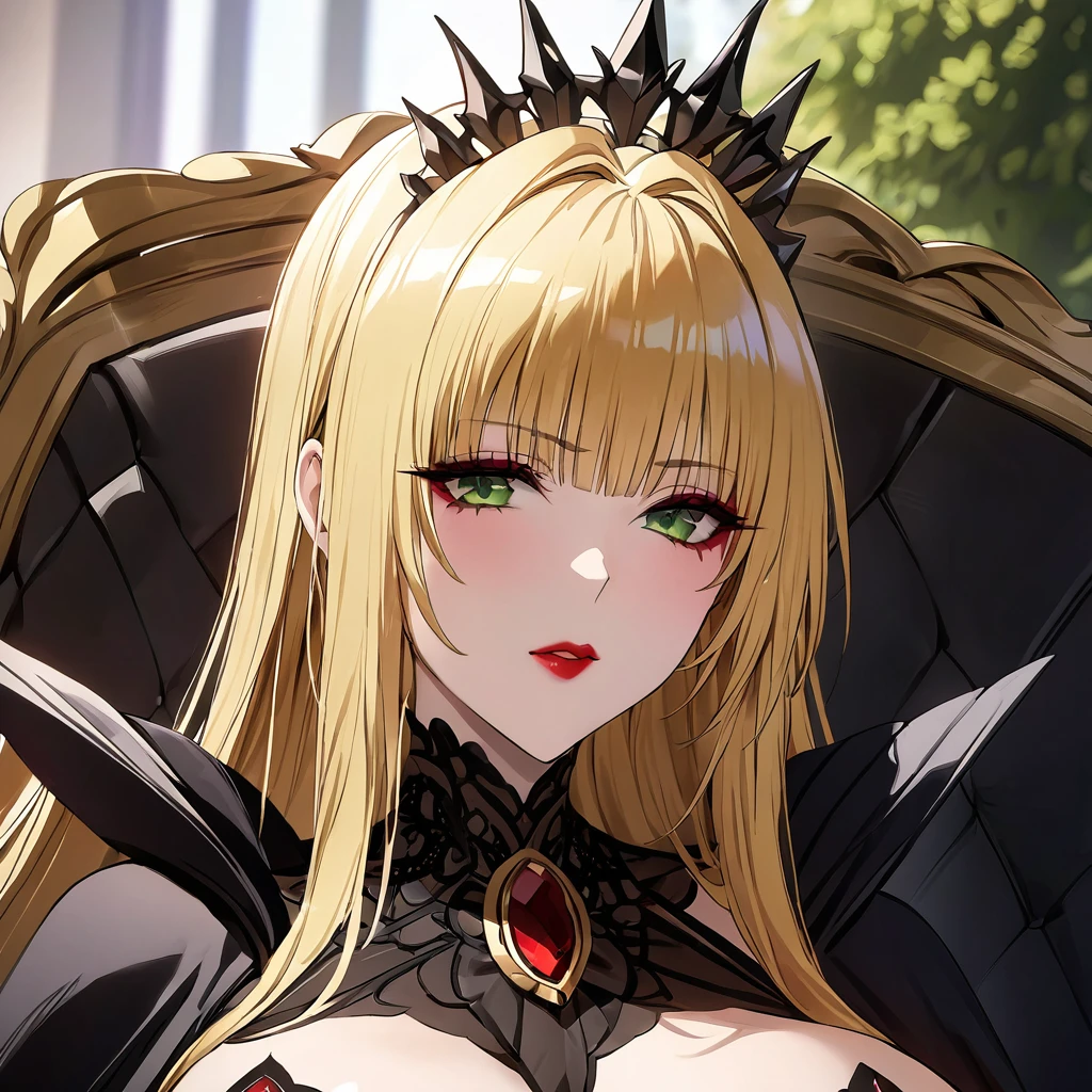 ((Highest quality)), ((masterpiece)), (detailed), (Perfect Face)、The woman is Tiare, a dark queen with green eyes, medium-long blonde hair, red lipstick and makeup. She is wearing a luxurious dress of an evil dark queen, black tights with only her face showing, a crown and is reigning on a luxurious throne.