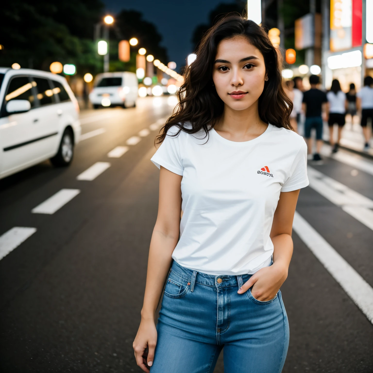 ((best quality)), ((masterpiece)), (detailed), full body portrait of a young latin woman with wavy dark hair, flawed skin and a slender body type, posing in a beautiful white t-shirt, skinny jeans and white sneakers, on a street in Ueno, Tokyo, at night, perfect face, perfect hands, five fingers, shot with Sony Alpha A6500 1.4f, bokeh, highly detailed, masterpiece,