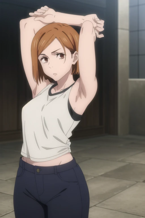 (masterpiece), (best quality), (ultra-detailed), (best illustration), (best shadow), (absurdres), (((brown eyes))), nobarakugisakinova, short hair, orange hair, kugisaki nobara, ((pants, team shirt, short sleeveless)), 1girl, solo, bangs, closed mouth, upper body, (slim, defined musculature), looking at viewer, arms up, armpits visible, detailed armpits