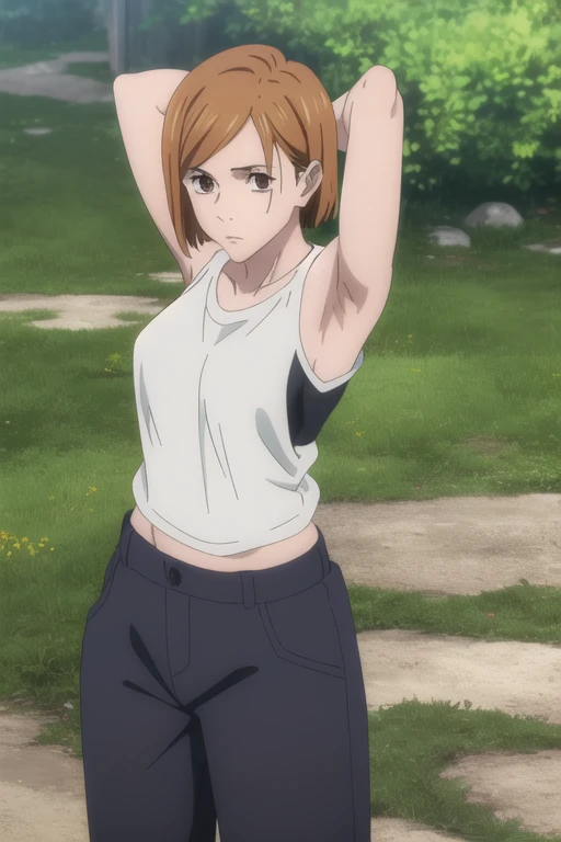 (masterpiece), (best quality), (ultra-detailed), (best illustration), (best shadow), (absurdres), (((brown eyes))), nobarakugisakinova, short hair, orange hair, kugisaki nobara, ((pants, team shirt, short sleeveless)), 1girl, solo, bangs, closed mouth, upper body, (slim, defined musculature), looking at viewer, arms up, armpits visible, detailed armpits