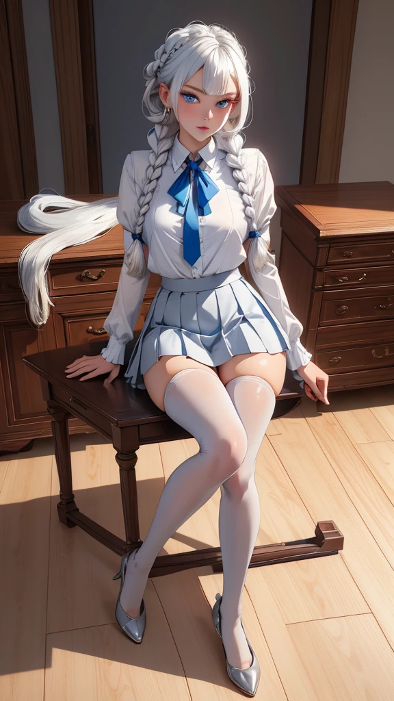 "1girl, incredibly detailed 8k cg, flawless model, mesmerizing idol, stunning face, ethereal beauty, pristine white hair, ring braids, captivating blue eyes,  Kakegurui ,  redblazer, white shirt, pleated grey skirt,  brown pantyhose, sat on desk  , full body, open legs