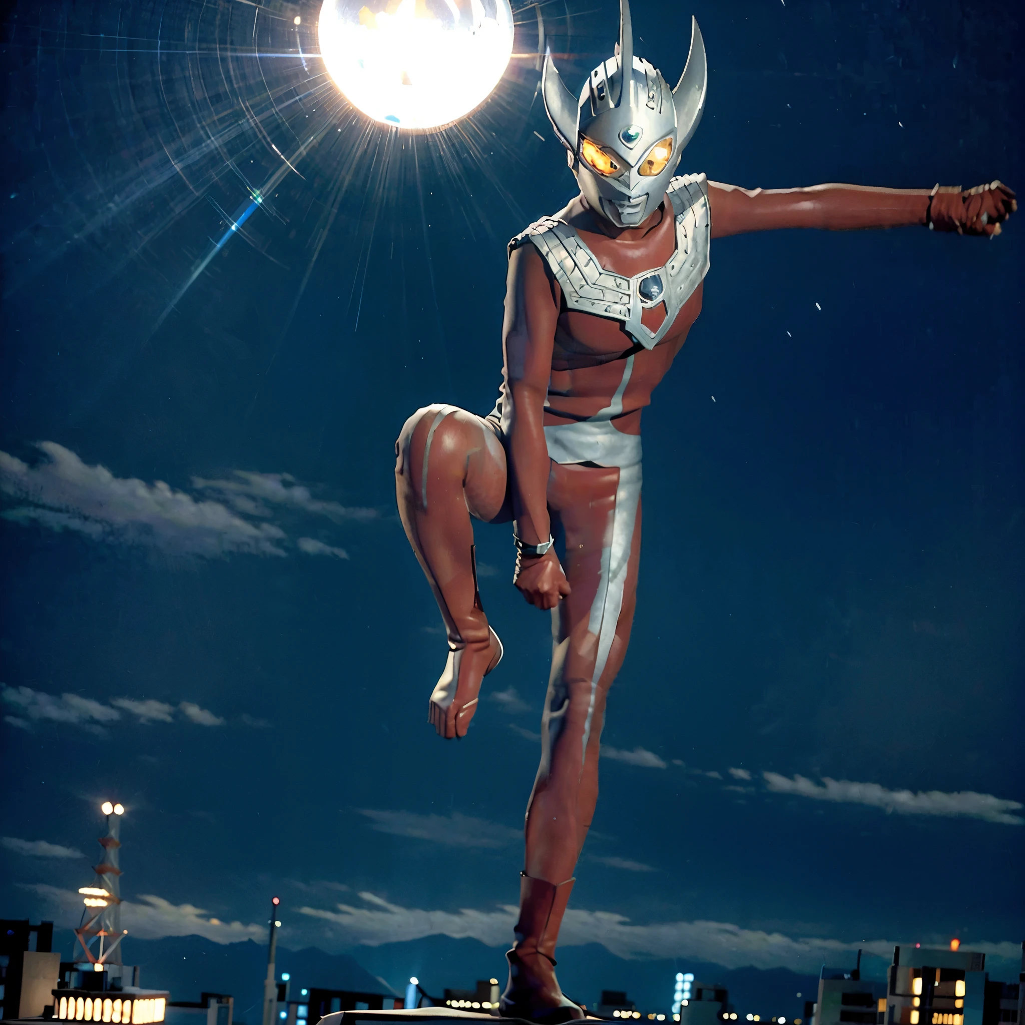 Put arms together and emit rays,40m tall Giant superhero Ultraman Taro,standing on Tokyo Japan in the dark,The same size as the building,tall and slim, portrait, fighting pose, photo high quality, realistic photo, night scene,silver helmet, glass hemisphere on chest glows, yellow eyes, forehead lamp glows,martial arts pose, slim body,long limbs,4K