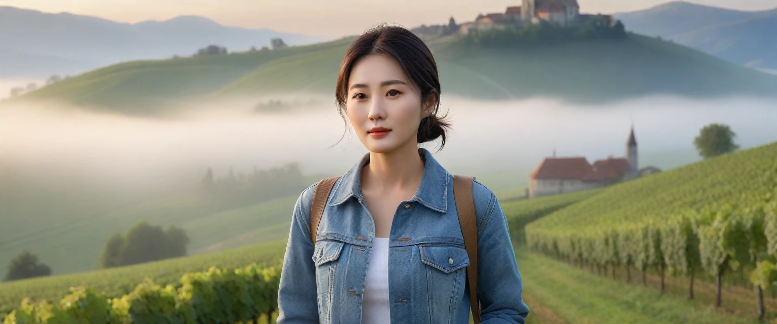 Woman in a beautiful landscape 8K highest quality, Beautiful 36-year-old Korean woman, Chest size 34 inches, Passing through the vineyards in the Swiss countryside, the cathedral is visible through the early morning fog., The back background is realistic and vivid image quality, medium hair, Casual and British - (summer jacket) ,Perfect and realistic photos, The background is realistic. Full body shot with Canon camera 16-35 wide angle lens, expressionless, Walking up a vineyard hill covered in thick fog., Looking at the front camera