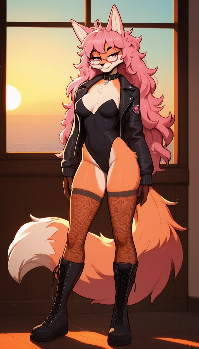 Half-closed eyes, seductive expression, 1girl, anthro, furry, fur, fluffy fur, fox girl, bedroom background, pink hair, pink eyes, Messy hair, long hair, full body, (19 years), medium breast, thicc thighs, solo, (bedroom), sunset, detailed, black jacket, black leotard, smug smile, fishnet stockings, black boots, half-closed eyes, black collar, pink glasses, score_9, score_8_up, score_7_up, score_6_up, score_5_up, score_4_up