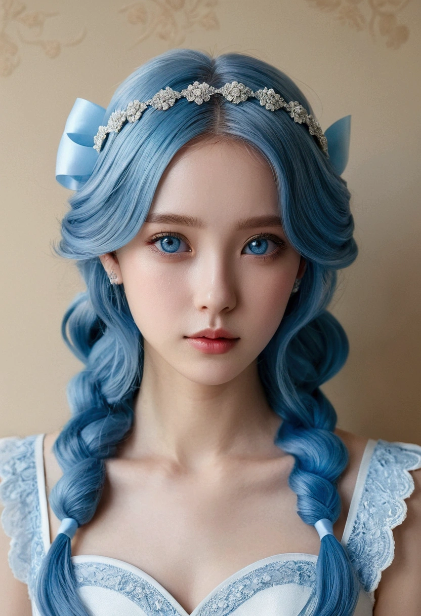 Light blue hair、Blue ribbon hair ornament、Light blue eyes