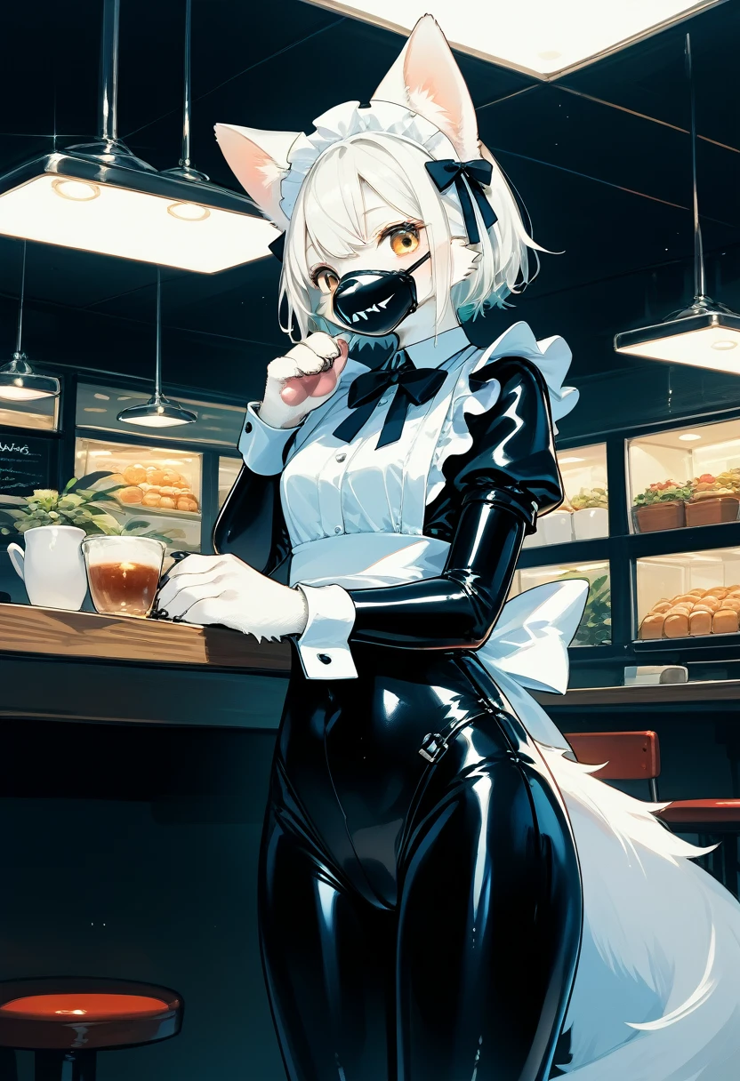 Highest quality, Highest quality, High quality illustrations, masterpiece, Ultra-high resolution, Detailed Background, Cafe, Absurd, Perfect Anatomy, performance, Good lighting, Shadows in the movies(kemono, Furry Personifi猫ion), Blueskin, Rubber suit, Rubber suit, latex, neon, neonライト, neonカラー, Rubber maid outfit, ribbon, Rubber mask