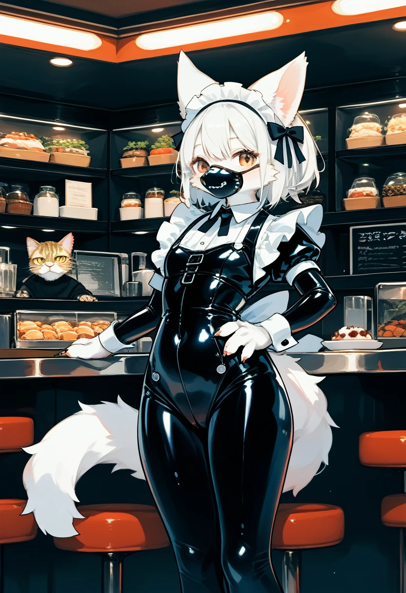 Highest quality, Highest quality, High quality illustrations, masterpiece, Ultra-high resolution, Detailed Background, Cafe, Absurd, Perfect Anatomy, performance, Good lighting, Shadows in the movies(kemono, Furry Personifi猫ion), Purple Skin, Rubber suit, Rubber suit, latex, neon, neonライト, neonカラー, Rubber maid outfit, ribbon, Rubber mask