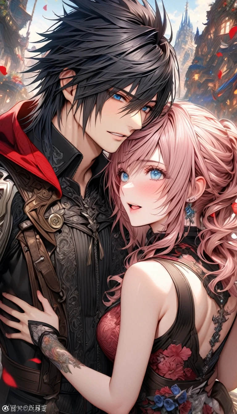 Anime - Imagen de estilo de un hombre y una mujer sosteniendo flores, Arte Zerochan, Caballero y princesa, de final fantasy, Bravely Default II, anime in fantasy style, fanart detallado, Sakimichan y Frank Franzzeta, Fanart de alta calidad, Manga de escenas de castillos, por Kamagurka, Romance de vapor, Corvo Attano, Hidari y Wop, romantic couple