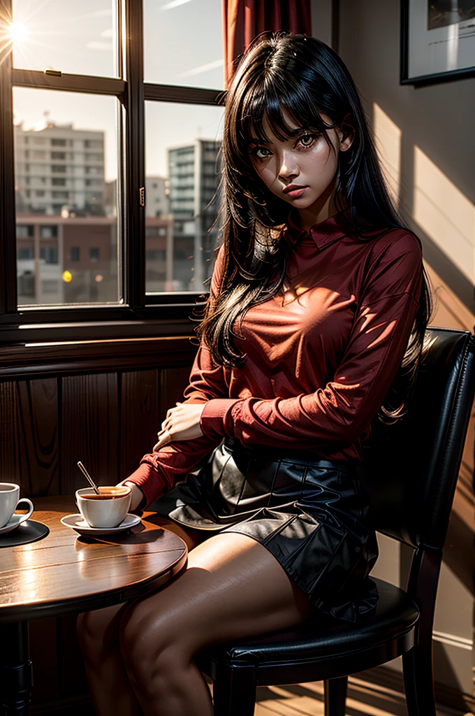 1 girl, red shirt, black skirt, cafe table, sunrise, black hair, straight hair, yellow eyes, solo, sitting on chair, looking at viewer, dramatic lighting, coffee on table