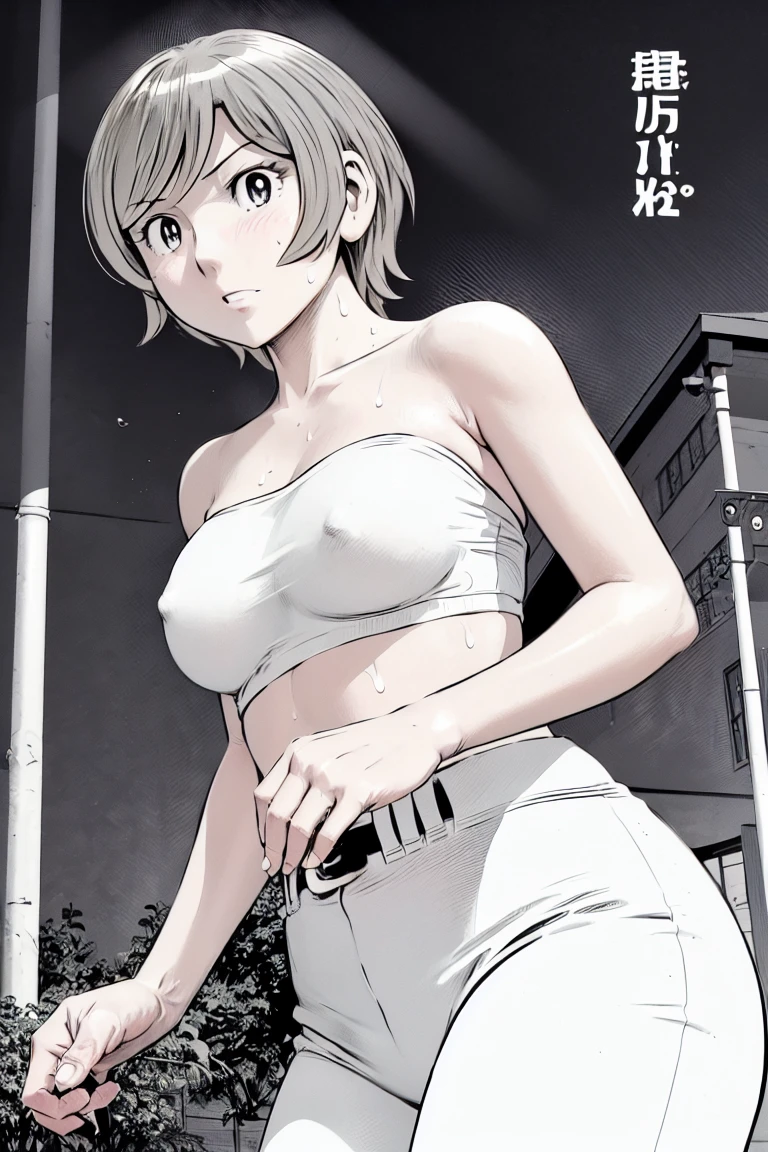 (Baseball uniforms:1.2),
blonde, (short hair:1.2),White trousers、Black belt、((Illustration of people))、Tube top bra、
View your viewers,, (Highest quality:1.3), White pants、Outdoor、baseball ground、ground、soil、blue eyeasterpiece、Highest quality)、Highest quality, Ultra-high resolution, (((masterpiece))), alone, Sweat、Big eyes、Large breasts、Torn clothes、 Fully exposed、Nipples、One Girl, Front view、Embarrassed face、Bronze colored hair、((short hair))、Stand up straight、Cowboy Shot