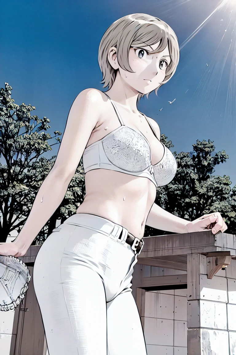 (Baseball uniforms:1.2),
blonde, (short hair:1.2),White trousers、Black belt、((Illustration of people))、Tube top bra、
View your viewers,, (Highest quality:1.3), White pants、Outdoor、baseball ground、ground、soil、blue eyeasterpiece、Highest quality)、Highest quality, Ultra-high resolution, (((masterpiece))), alone, Sweat、Big eyes、Large breasts、Torn clothes、 Fully exposed、Nipples、One Girl, Front view、Embarrassed face、Bronze colored hair、((short hair))、Stand up straight、Cowboy Shot