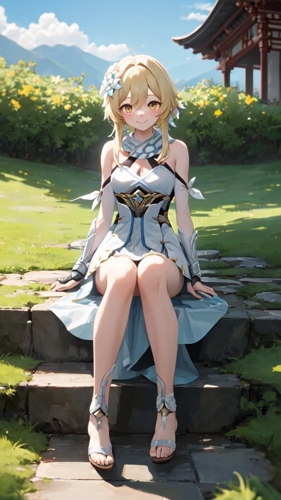 luminedef, full body, smile, blush, outdoors, day, simple background, blue sky, short hair, sky, temple, looking at viewer, sitting on stairs, mountain, moody lighting,