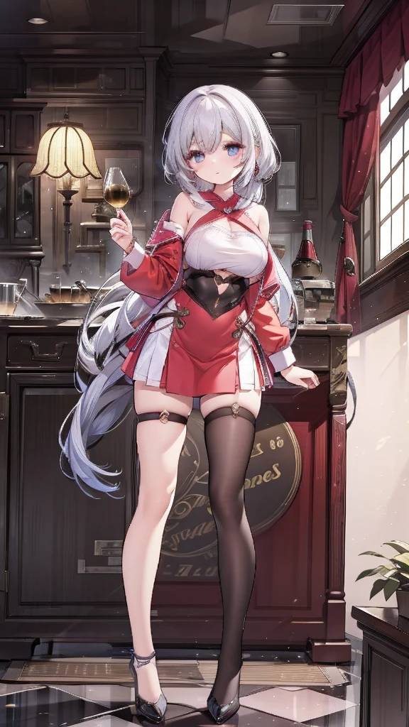 Silver Hair、Twin tails、Red gradient hair、Navy blue hair ornament、Golden hair ornament、Red and navy blue odd eyes、smile、Grown-up、White Chinese Dress、red decoration、Navy blue decoration、Golden decoration、Silver decoration、Shoulder Bare、Chest、tights、Chinatown