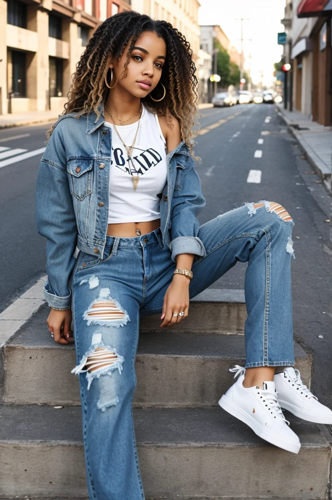 Girl with wavy hair light skin ripped jeans fashionable somewhat rude but cute